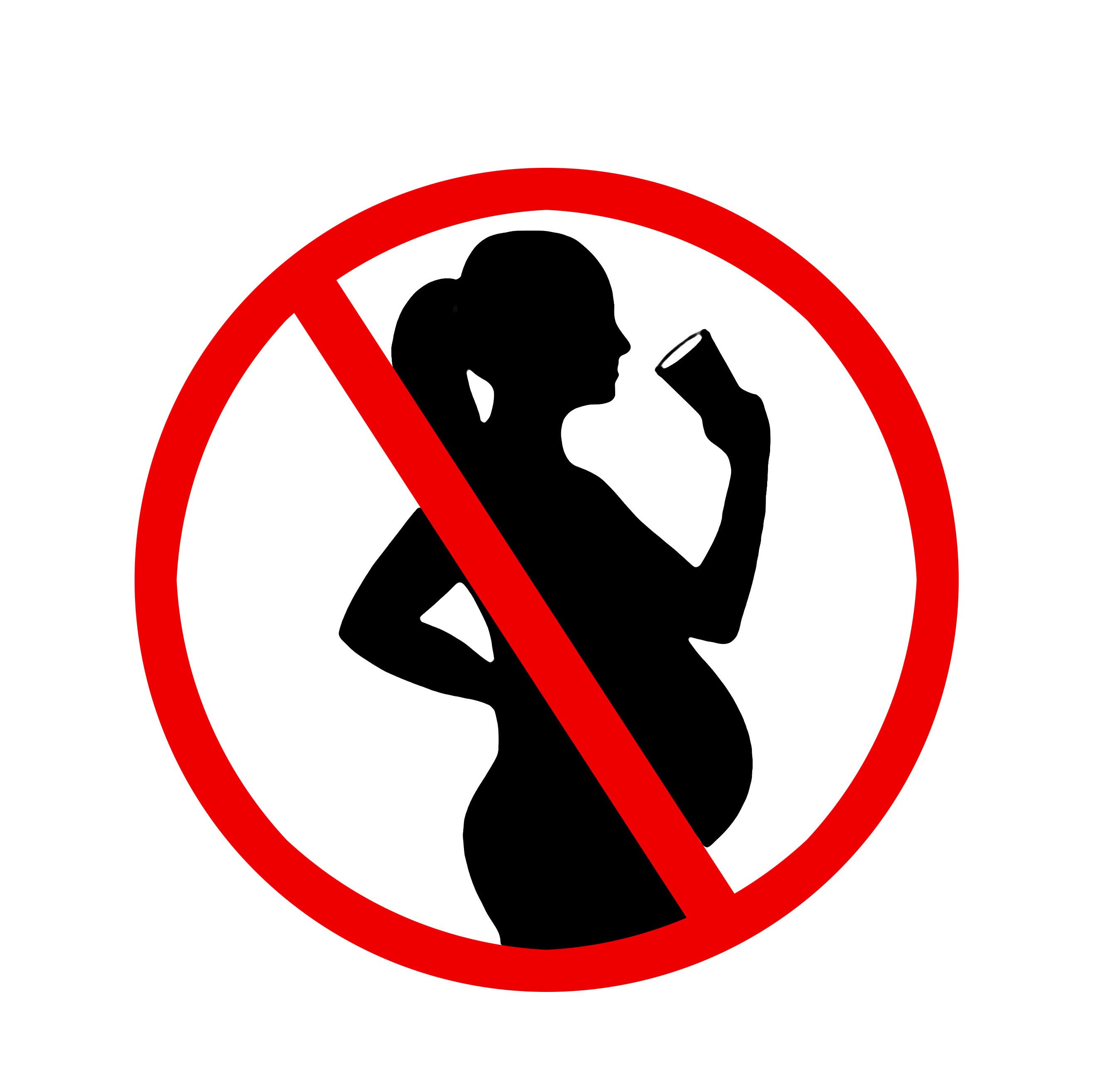 Verbotszeichen mit einer stilisierten schwangeren Frau mit einem Glas Wein in der Hand als Silhouette